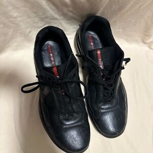 Prada America’s cup Men's Black Leather & Mesh Sneakers with Red Stripe
